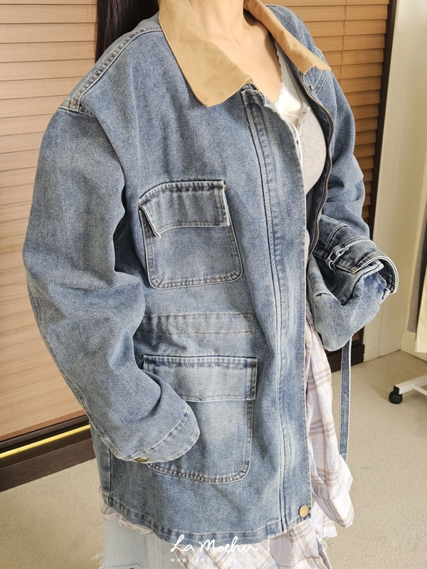 拼色領牛仔工裝外套(闆娘.花花清單)